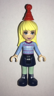 Stephanie, Dark Blue Skirt, Bright Light Blue Fair Isle Sweater with Snowflakes Pattern, Red Christmas Hat